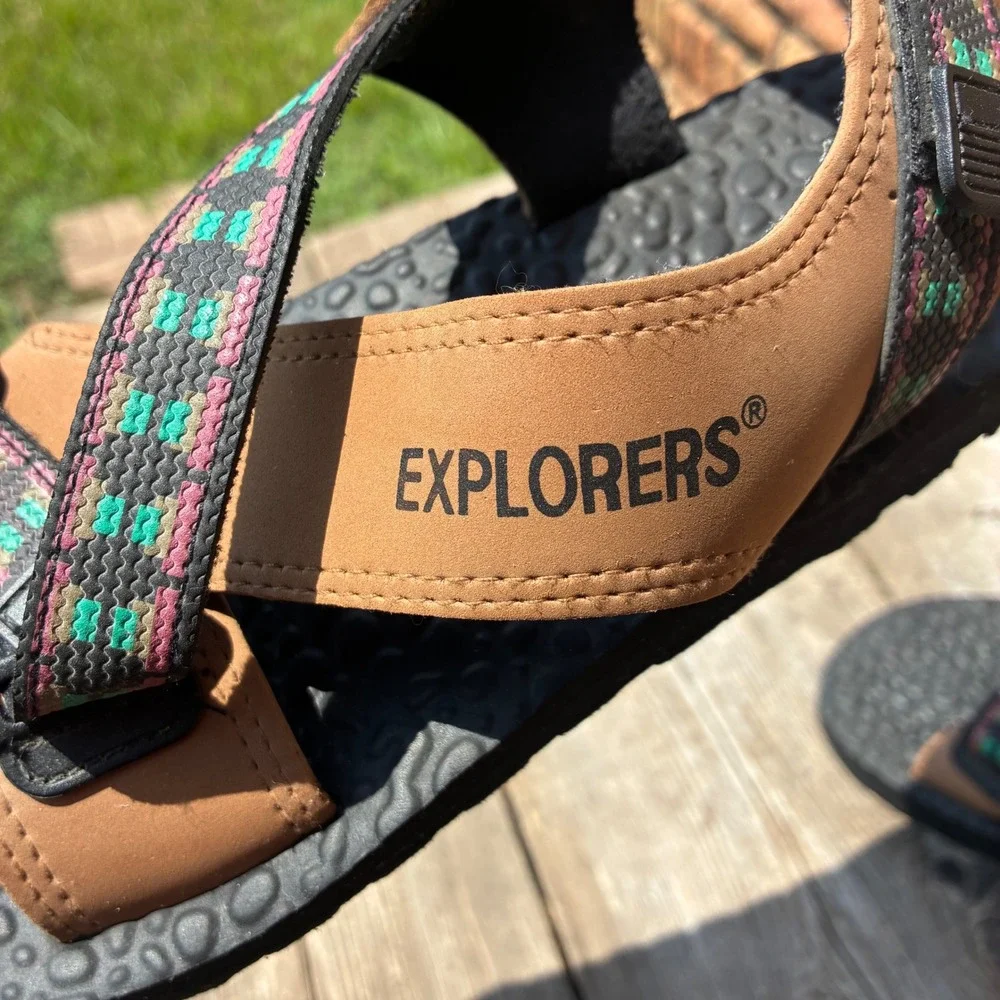 Vintage EXPLORERS Outdoors Hiking Sandals 9 Aztec Geometric Straps Gorpcore
